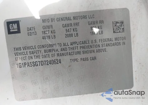 2013 Chevrolet Cruze Ls Auto z USA, uszkodzony, nr VIN 1G1PA5SG7D7240624